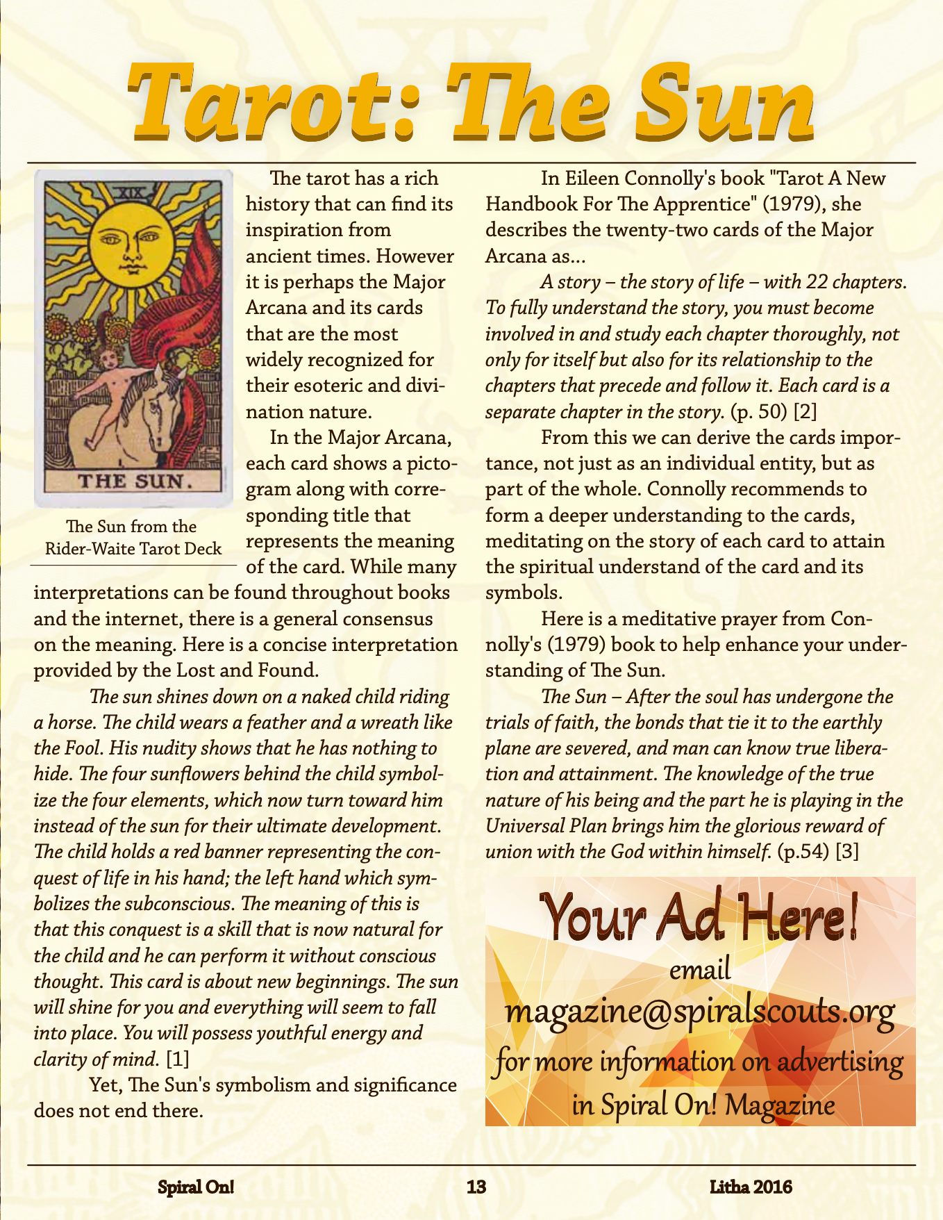 A page from a magazine titled tarot : the sun,  Litha 2016 Magazine.
