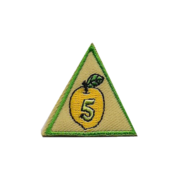 A triangle with an apple and the number 5 on it badge.