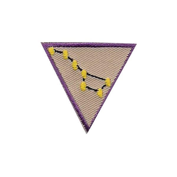 A purple triangle with a constellation on it badge.