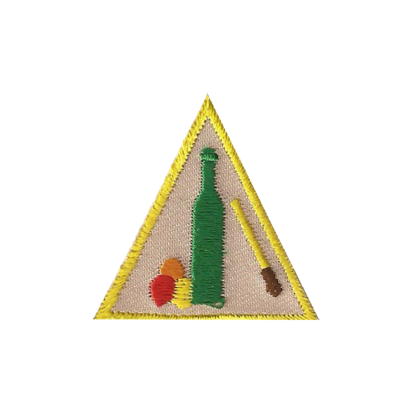 A triangle with a green bottle and brushes on it badge.