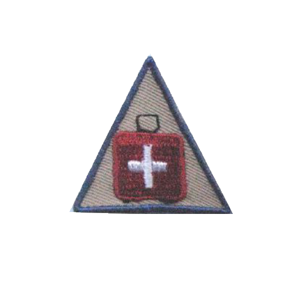 A triangle with a red suitcase with a white cross on it badge.
