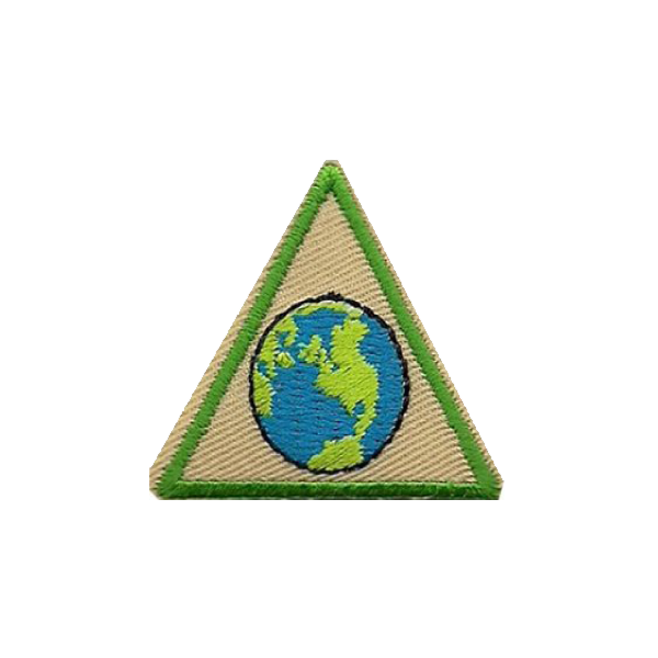 A triangle with a globe inside of it badge.