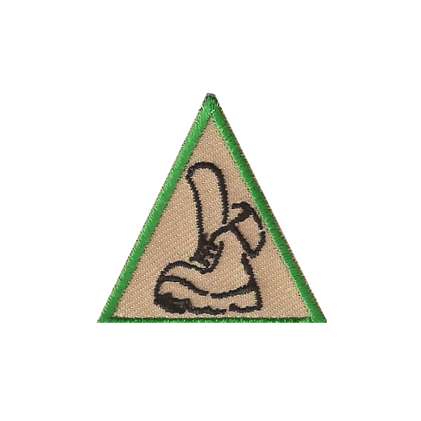 A triangle with a picture of a boot on it badge.