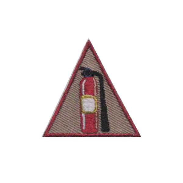 A triangle with a fire extinguisher on it badge.