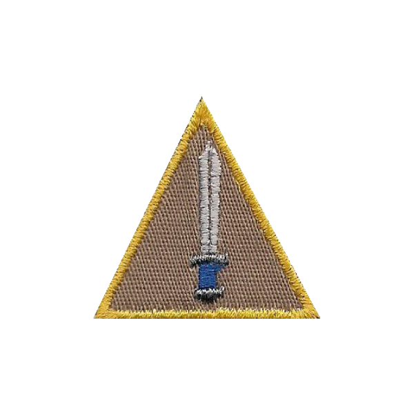 Triangle badge with a sword on it.