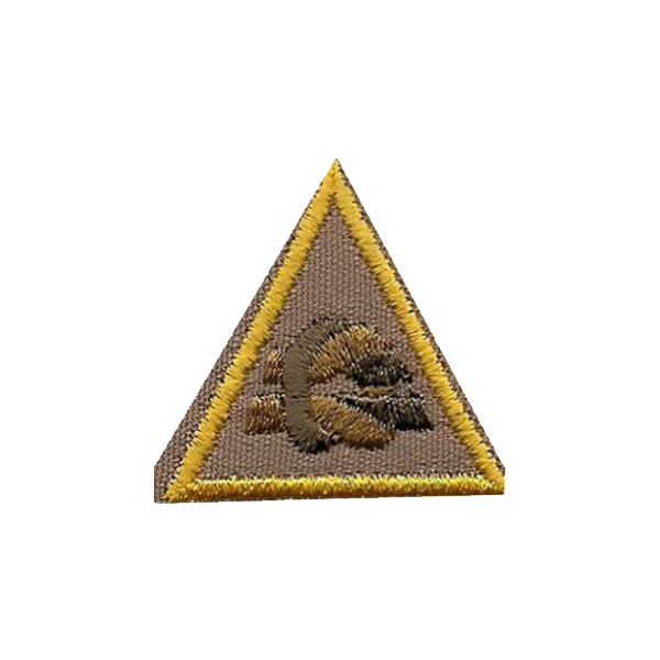 A brown and yellow triangle with a snake on it badge.