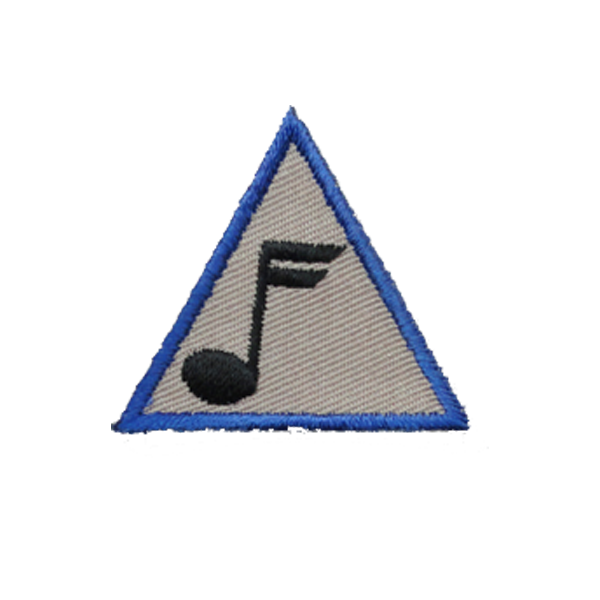 A blue and white triangle with a music note on it badge.