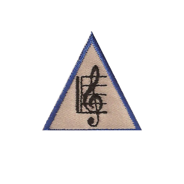 A triangle with a treble clef on it badge.