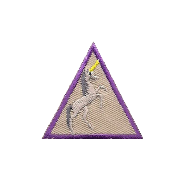A purple triangle with a unicorn on it badge.