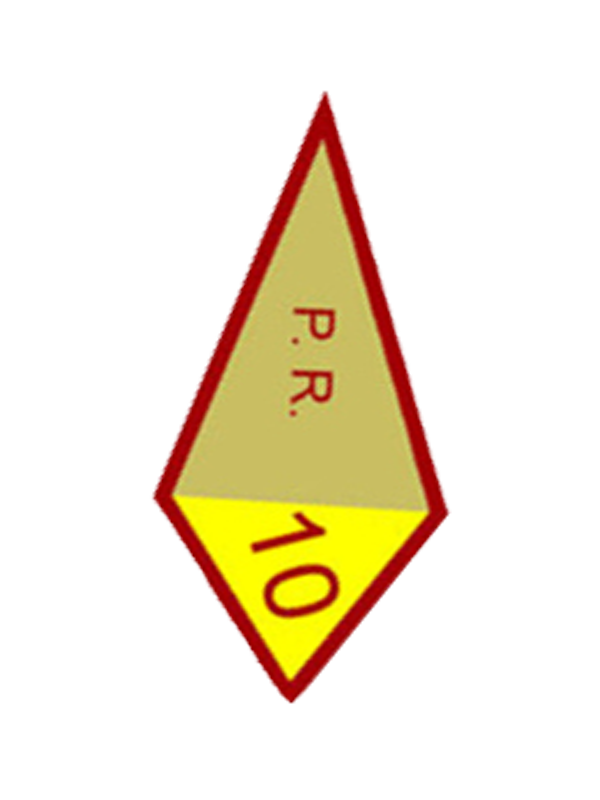 A yellow and red triangle with the number 10 on it award.