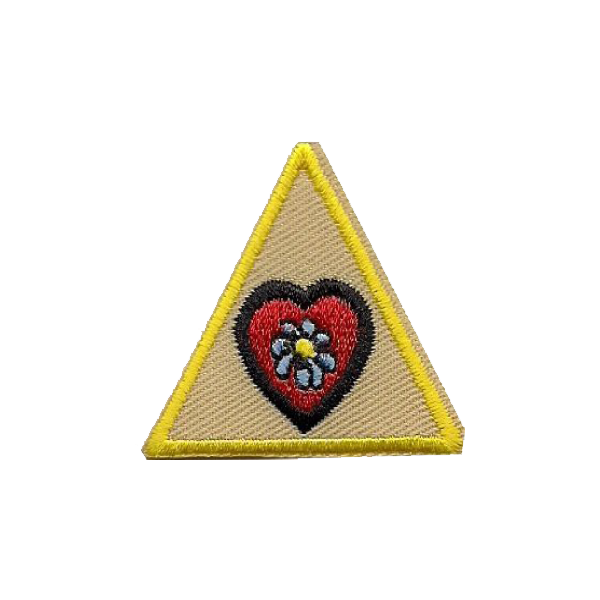 A triangle with a heart and a flower on it badge.