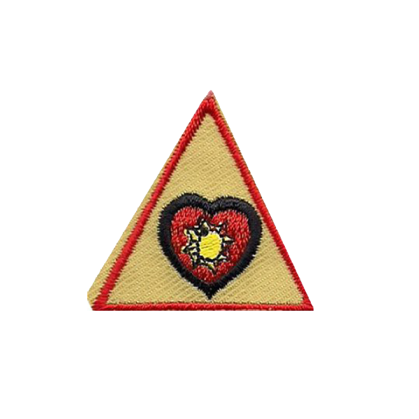 A yellow triangle with a red heart in the middle badge.