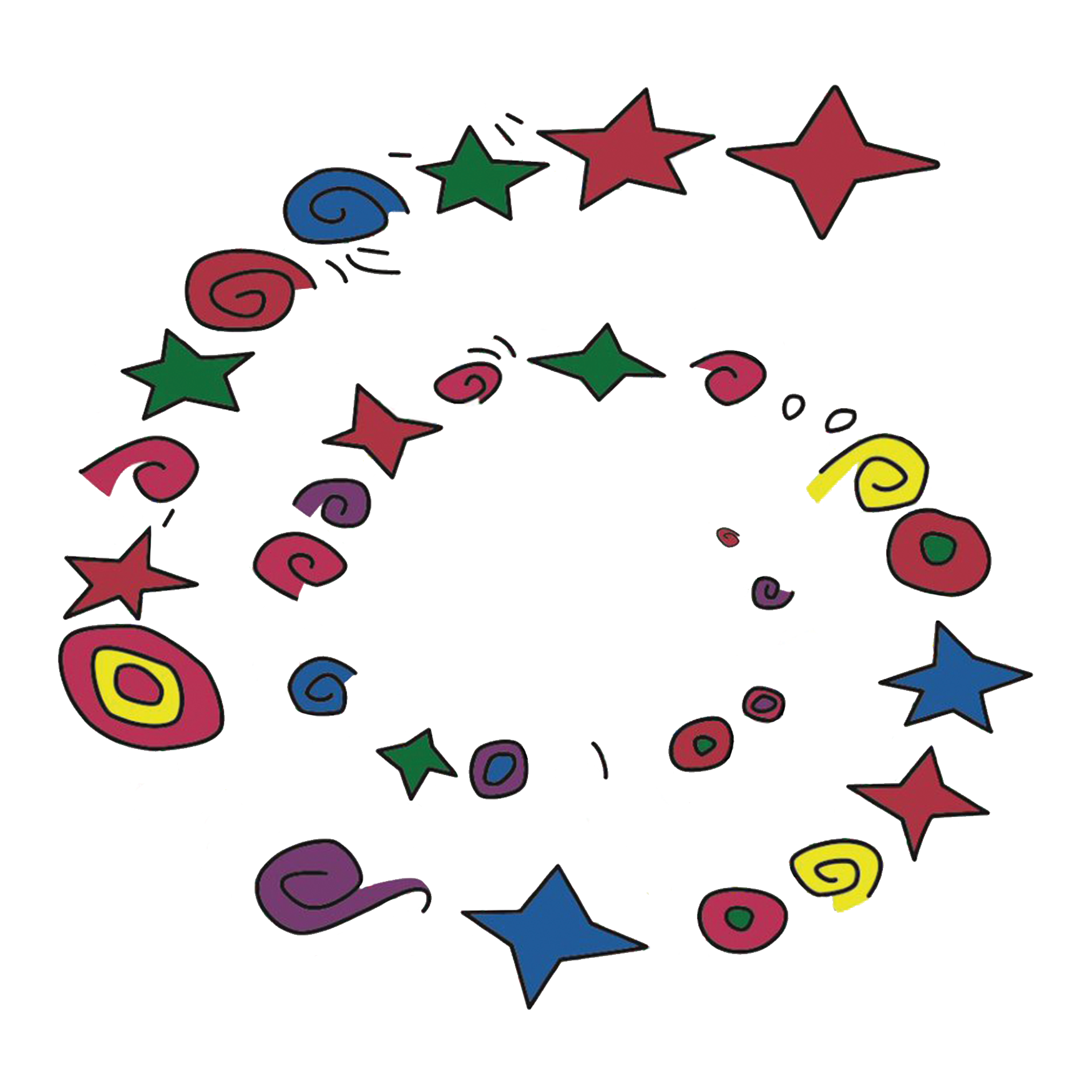 A colorful spiral with stars and swirls on a white background