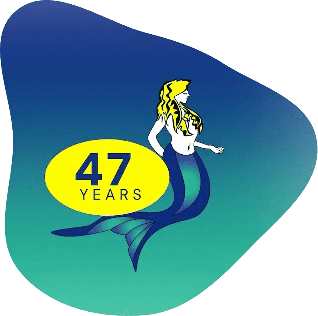 A mermaid with a yellow circle that says 47 years