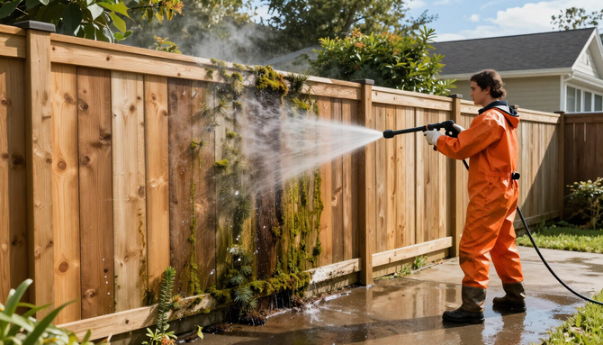 Person pressure-washing a wooden fence beside a wet backyard patio.