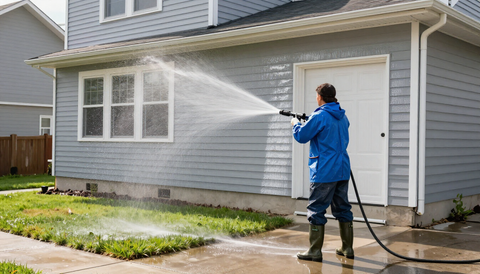 Person power washing the gray exterior of a house with a hose.