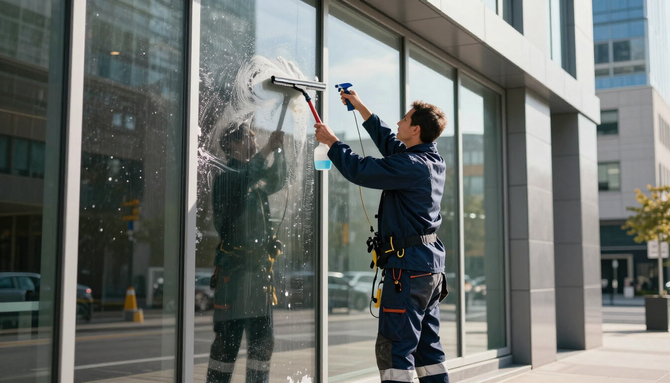 Window cleaner using a squeegee on a tall glass building exterior, with reflections visible on the glass.