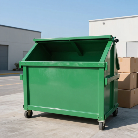 Green dumpster with lid open in an industrial parking area рядом with stacked cardboard boxes