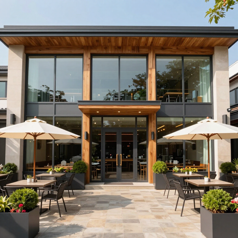Modern storefront café with glass doors, wood facade, and outdoor tables under white umbrellas