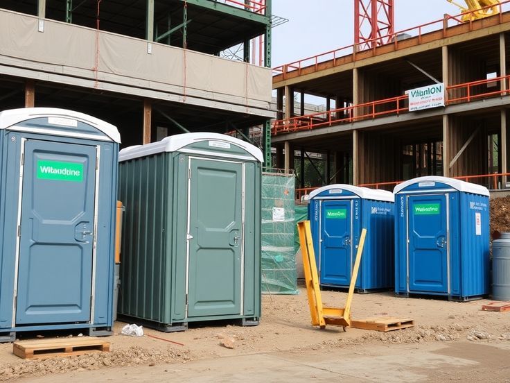 Portable toilets at a construction site, including blue and gray units near a building under construction