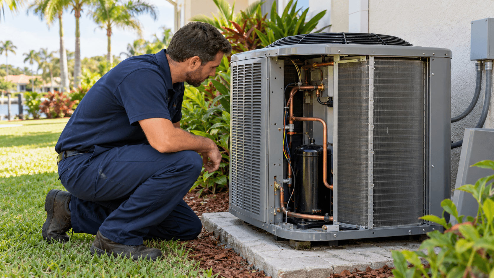 HVAC technician inspecting an AC compressor outside a Florida home