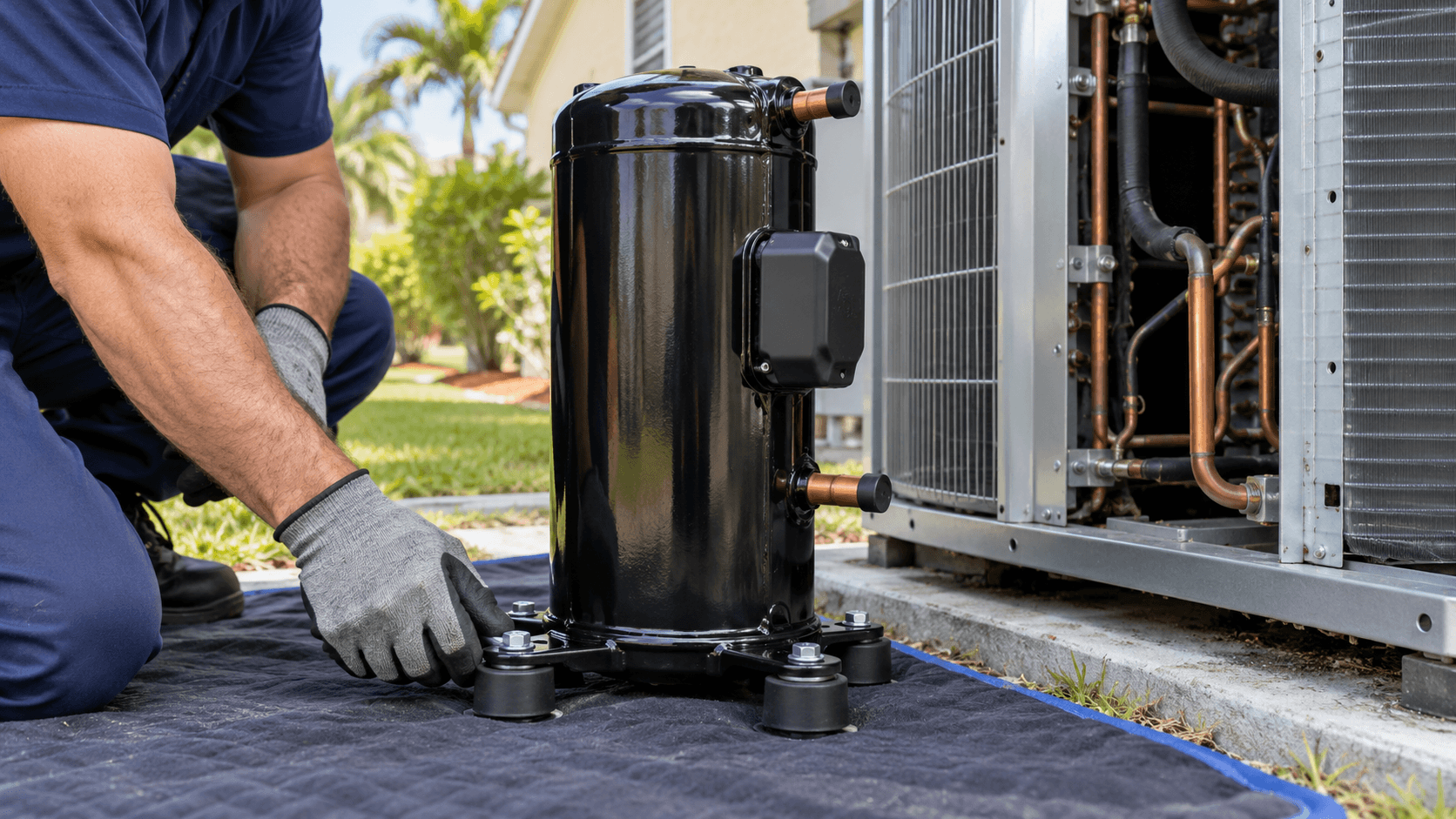 HVAC technicians installing a new AC condenser outside a Florida home