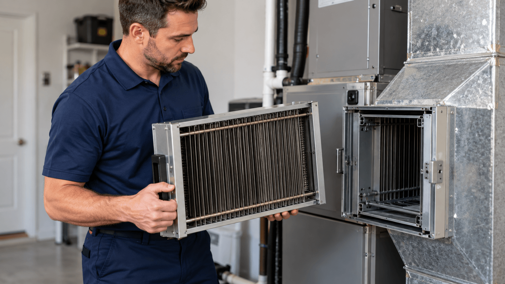 Technician inspecting the metal collector cell of a whole house electronic air cleaner