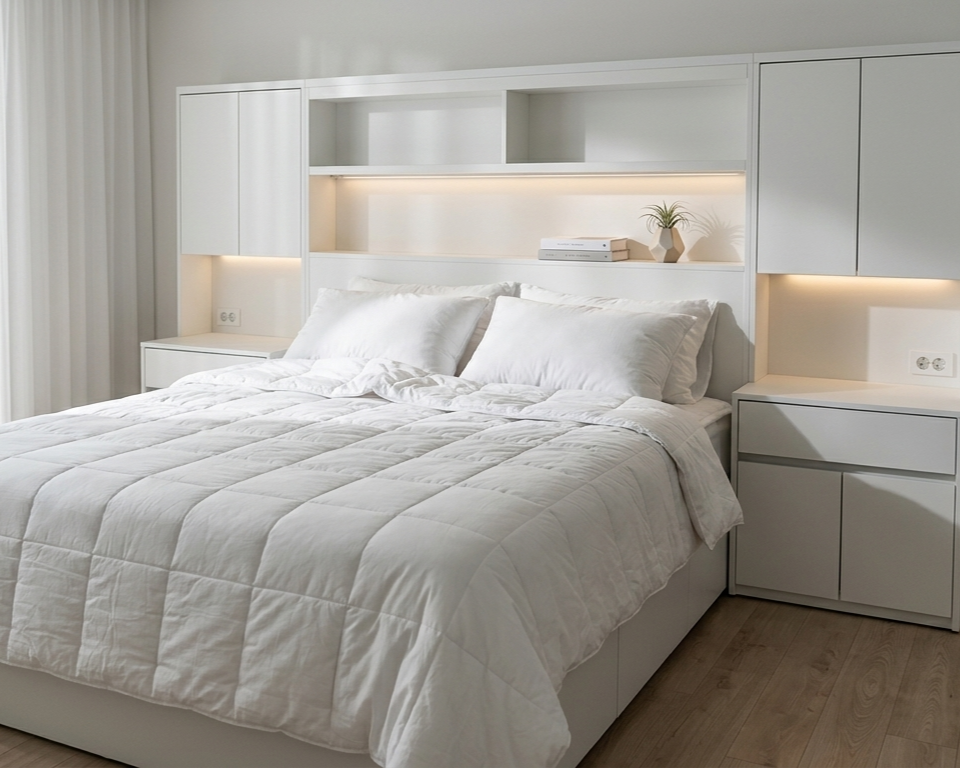Dormitorio minimalista blanco con una cama bien hecha, armarios empotrados e iluminación ambiental cálida.