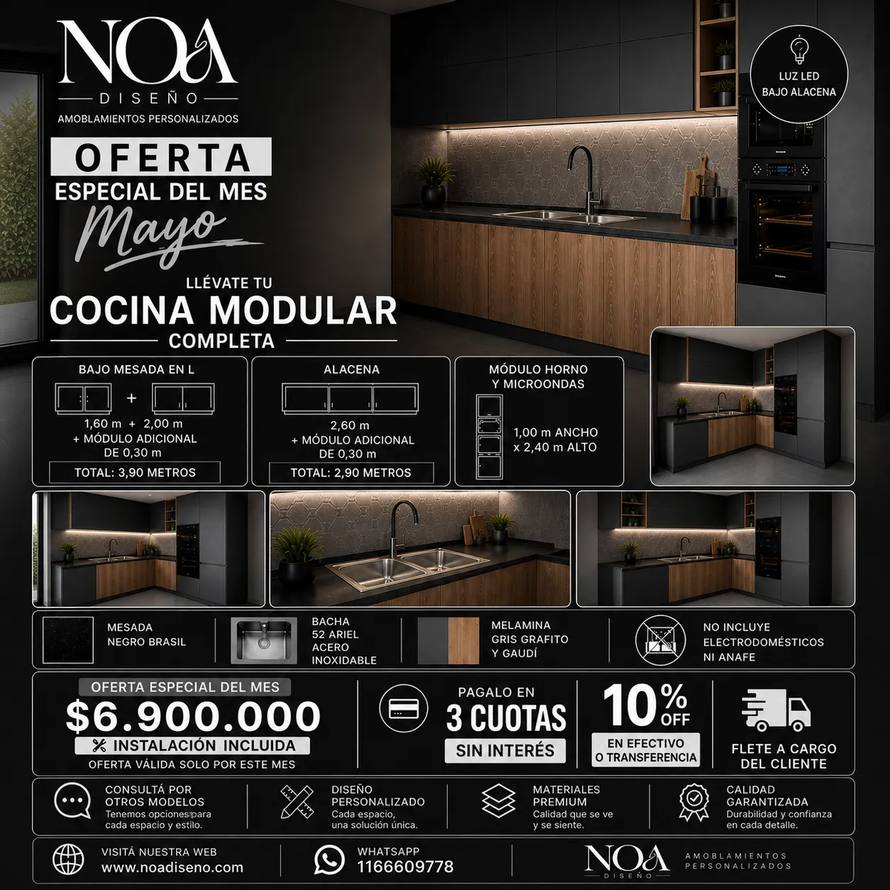Anuncio de cocina modular negra y madera, oferta especial de mayo, precio y cuotas destacadas.