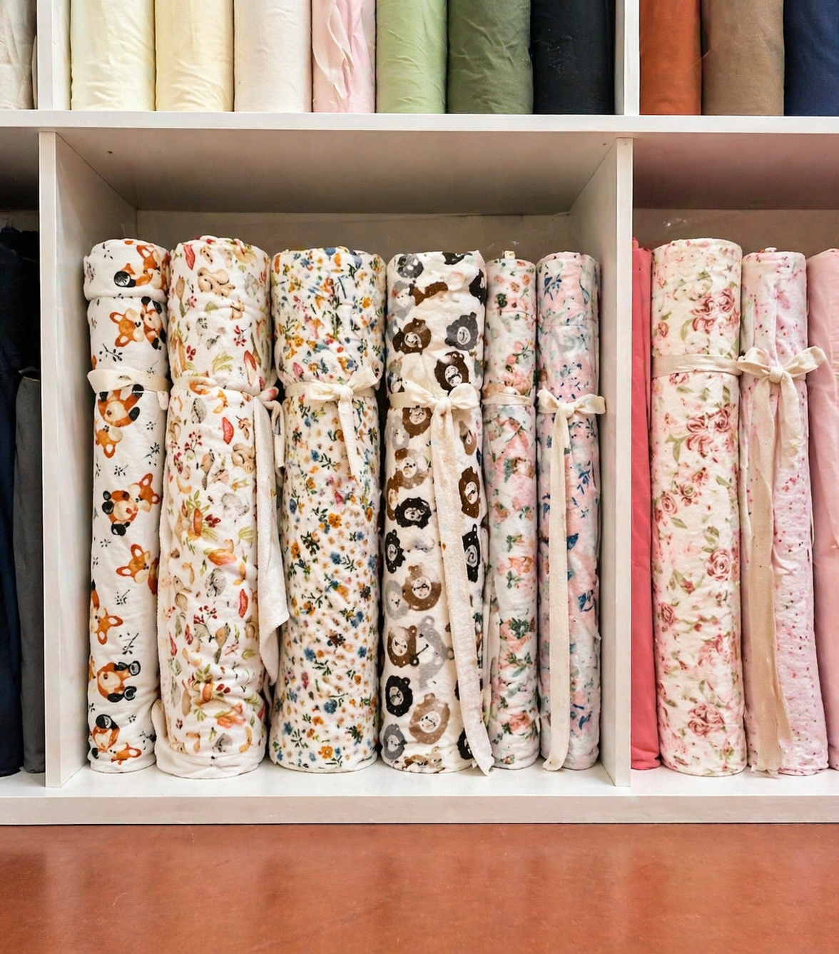 Neatly stacked floral and patterned fabric rolls on white shelves in a fabric store