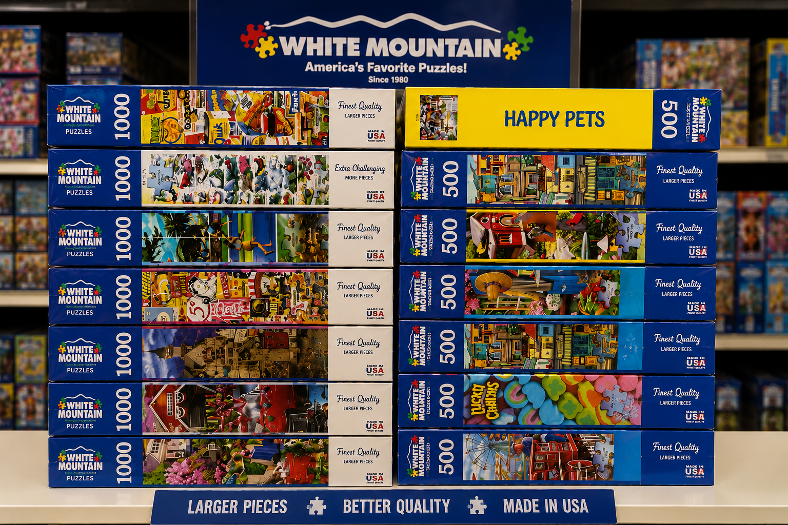 Woman smiles, holding plush toys in a toy store, surrounded by shelves of toys.