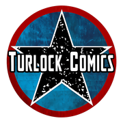 Turlock Comics logo: black star over blue circle with red border and white text.