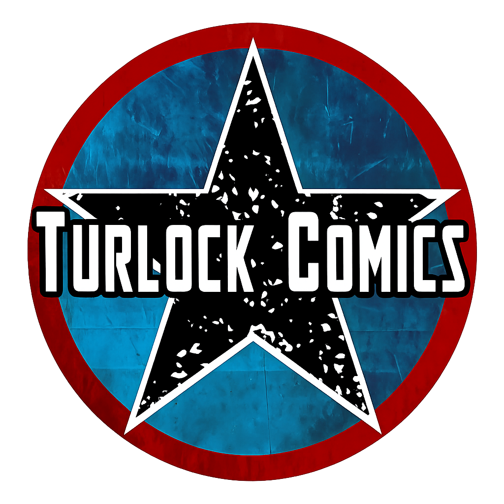 Turlock Comics logo: black star over blue circle with red border and white text.