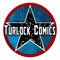 Turlock Comics logo: black star over blue circle with red border and white text.