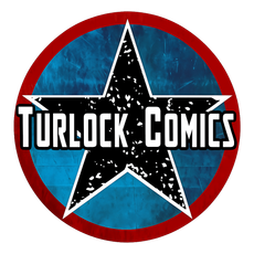 Turlock Comics logo: black star over blue circle with red border and white text.