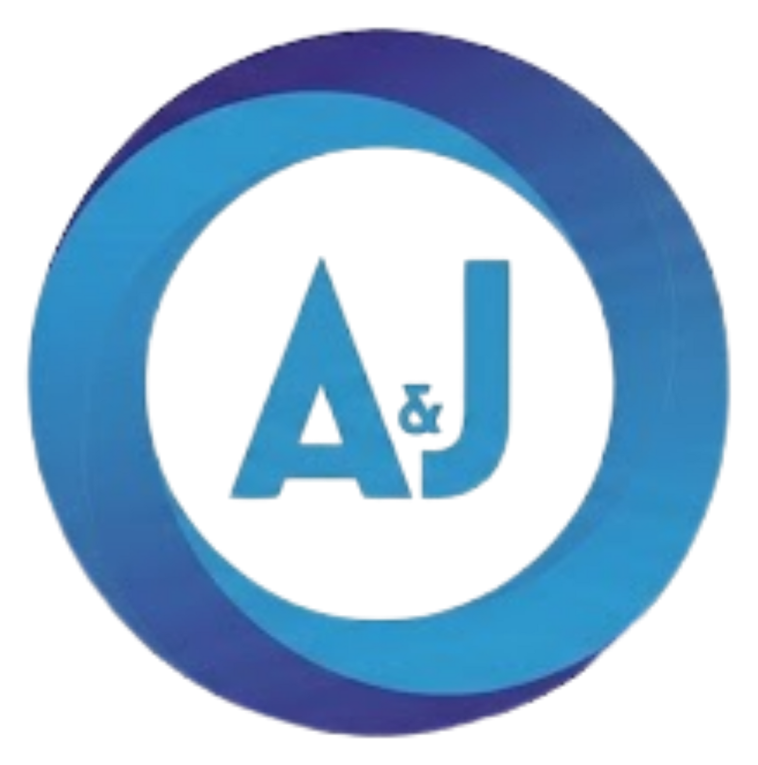 Blue and purple circular logo with “A&J” in the center