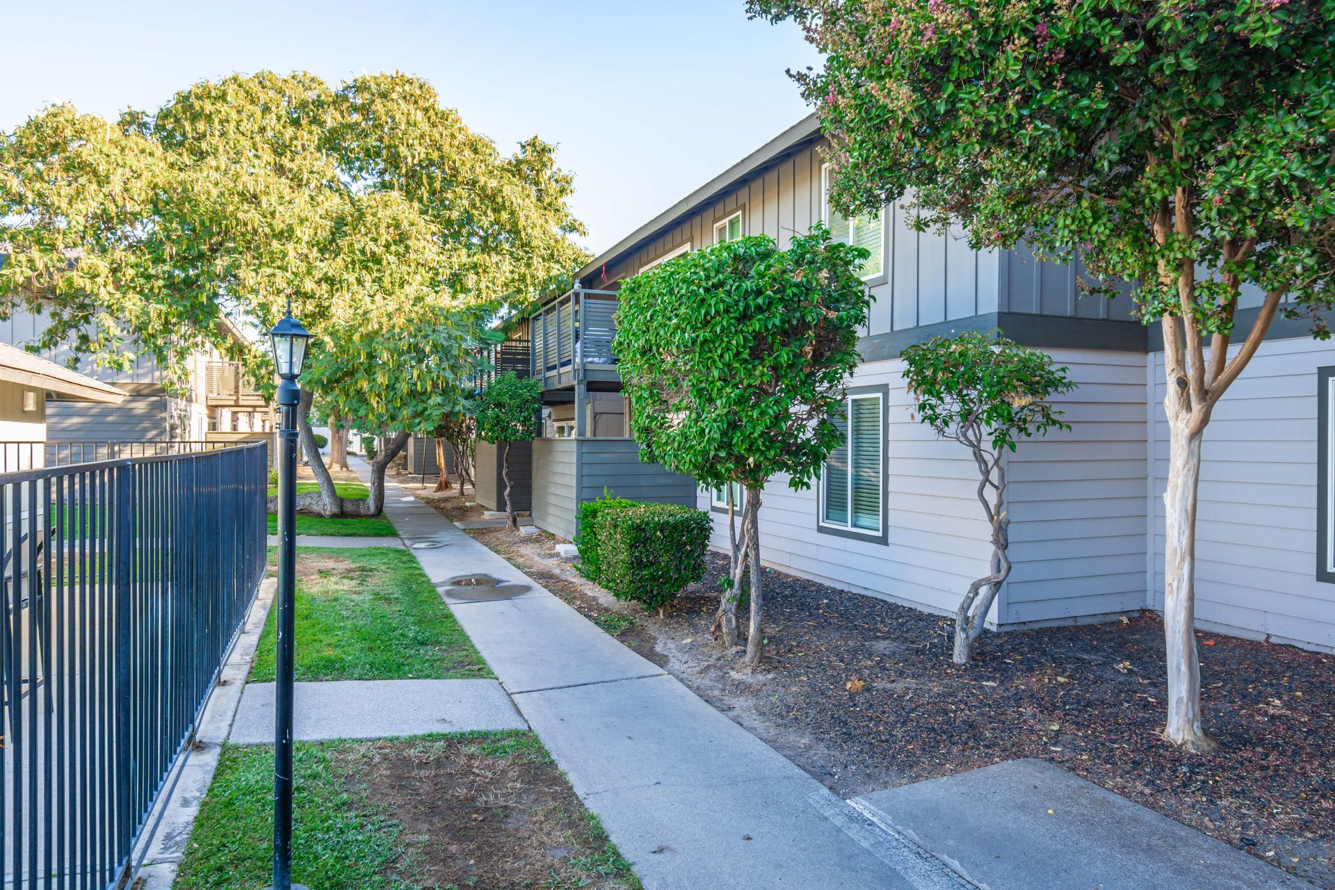A sidewalk leading to a building with a fence and trees in front of it.