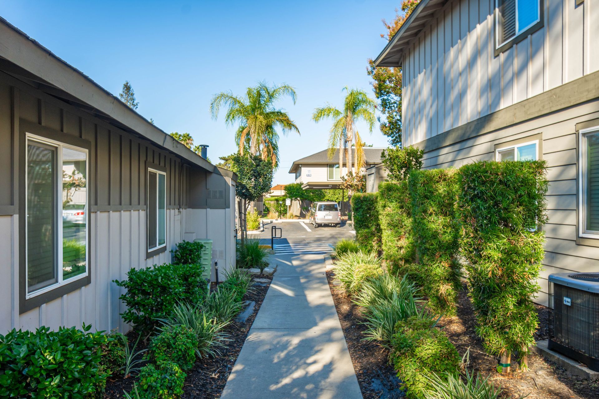 There is a walkway between two buildings in a residential area.