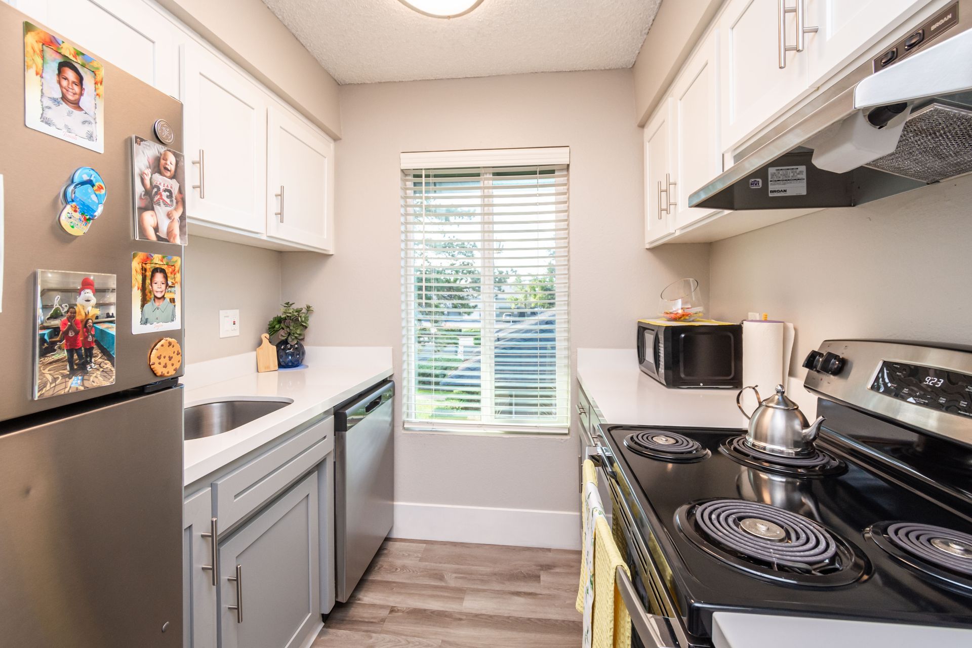 A kitchen with a stove , refrigerator , dishwasher and sink.