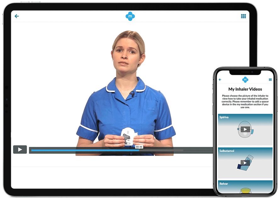 A nurse is standing in front of a tablet and a cell phone.
