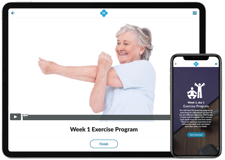 A woman is stretching her arms on a tablet and phone.