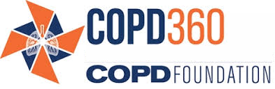 A logo for copd 360 copd foundation with an orange and blue windmill.