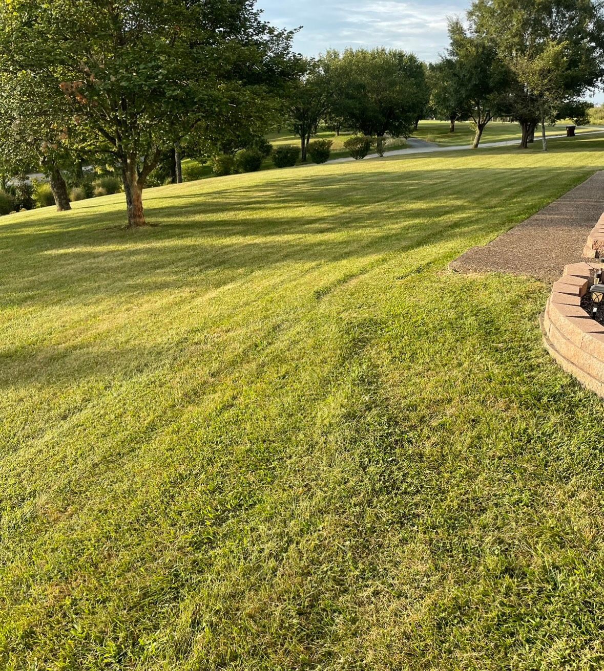 A lush green lawn with trees in the background and a stone wall in the foreground.