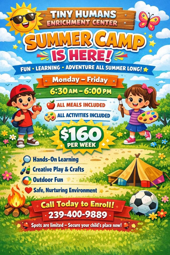 Tiny Humans Enrichment Center VPK enrollment flyer, colorful rainbow design with “Now Enrolling” and “Enroll now open!”