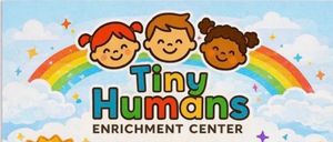 Tiny Humans Enrichment Center logo with three smiling cartoon faces on a purple background