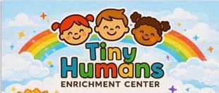 Tiny Humans Enrichment Center logo with three smiling cartoon faces on a purple background