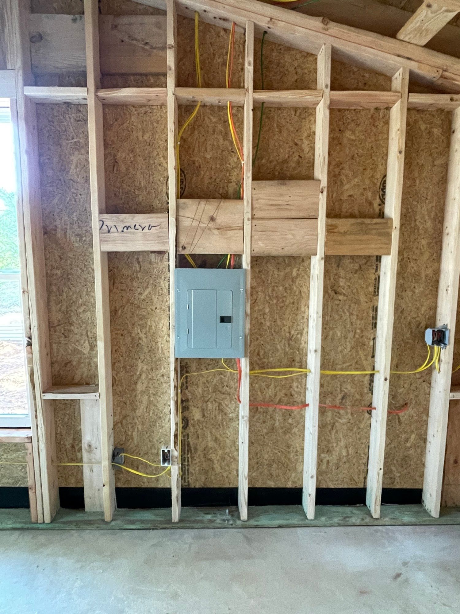 An electrical service panel mounted on wooden wall studs with exposed wiring in an unfinished interior space.