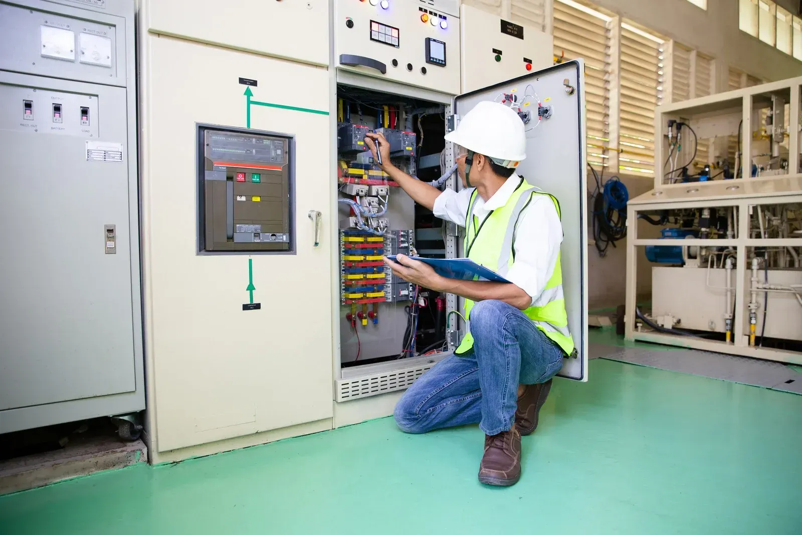 Technician in a hard hat and high-visibility vest inspects an open industrial electrical panel while holding a clipboard.