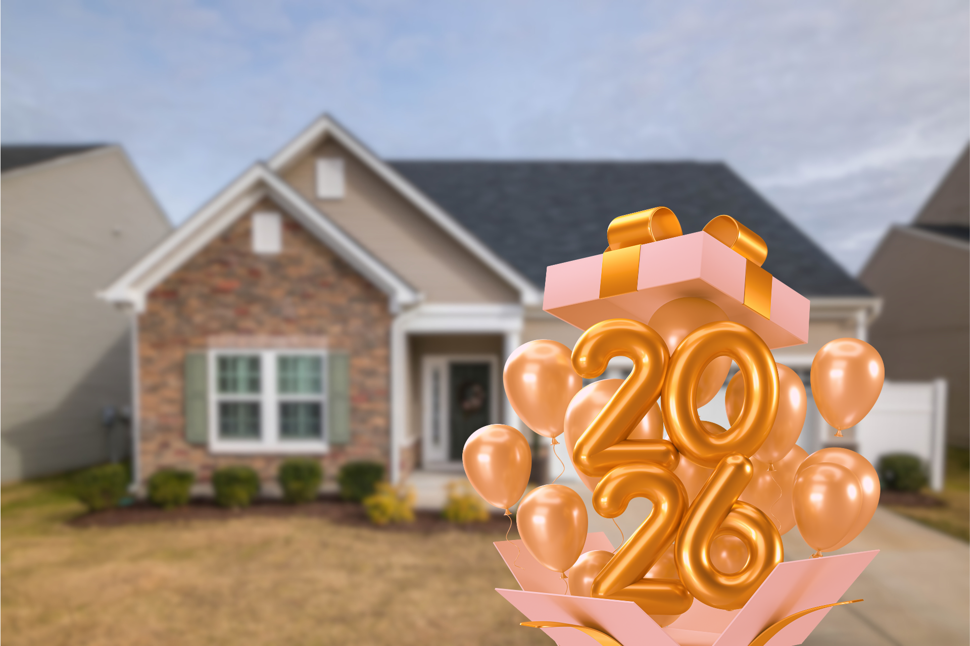 House in background; open gift box with gold