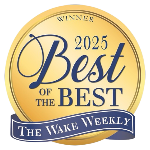 Gold circular logo for The Wake Weekly 2025 Best of the Best winner with blue text and banner.